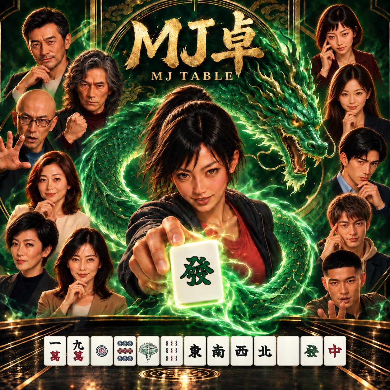 MJ卓の登場キャラクターと緑の龍、發牌を描いたキービジュアル